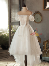 White Hi Lo Tulle Off the Shoulder Bow Wedding Dress
