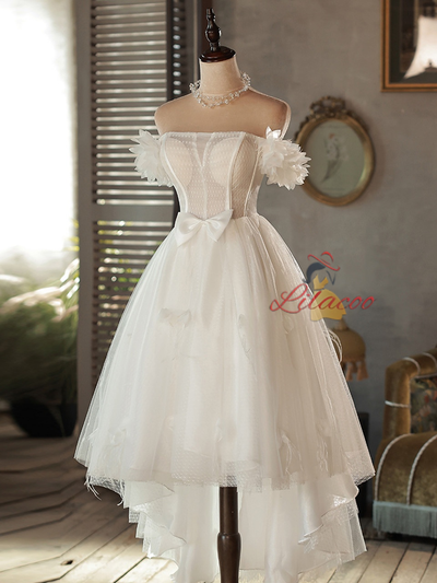 White Hi Lo Tulle Off the Shoulder Bow Wedding Dress