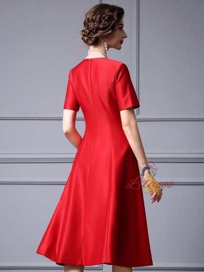 Red Satin Short Sleeve Mother Of The Bride Dress