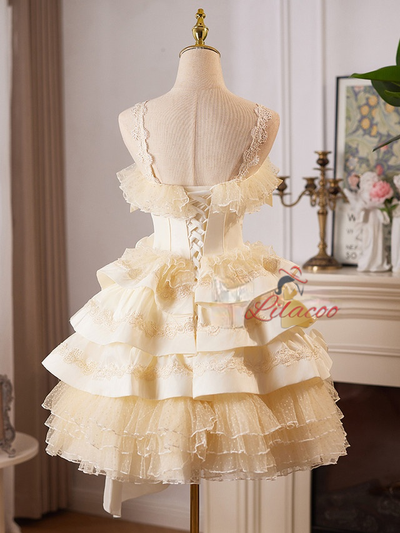 Champagne Satin Tulle Flower Wedding Dress