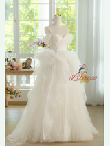 White Tulle Straps Pleats Beading Wedding Dress