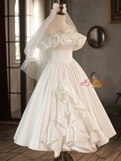 White Satin Spaghetti Straps Wedding Dress