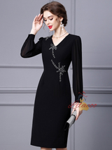 Red Long Sleeve V-neck Mother Of The Bride Dress