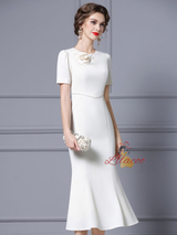 Beige White Flower Beading Mother Of The Bride Dress
