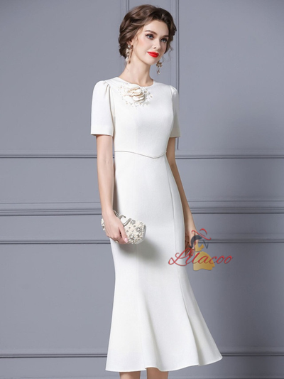 Beige White Flower Beading Mother Of The Bride Dress