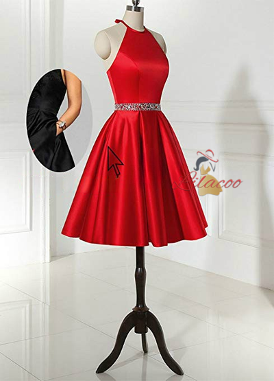 Red Satin Halter Beading Homecoming Dress