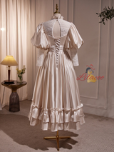 Champagne Satin Lace High Neck Wedding Dress