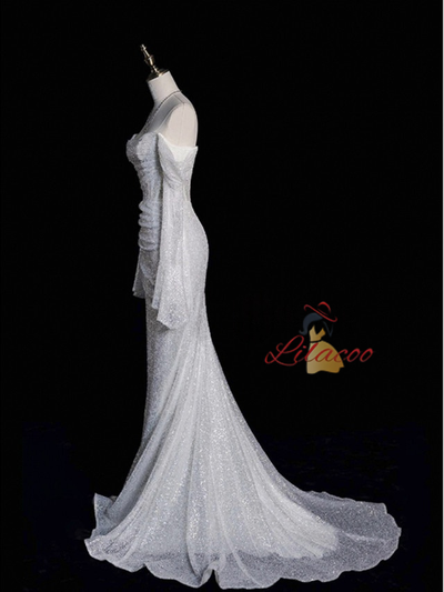 White Mermaid Sequins Long Sleeve Pleats Wedding Dress