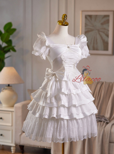 White Lace Satin Bow Wedding Dress