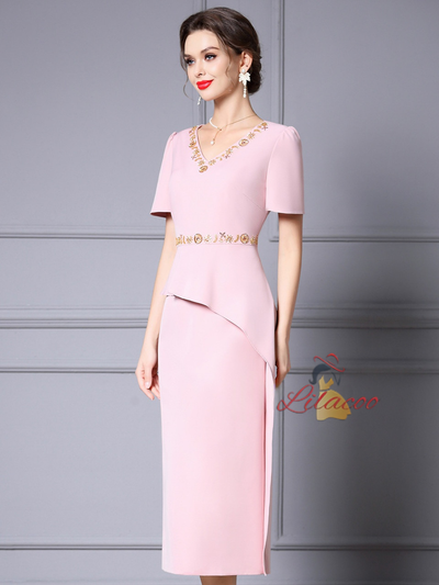 Pink V-neck Sequins Mother of the Bride Dress