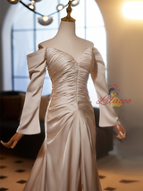 Champagne Mermaid Satin Pleats Wedding Dress