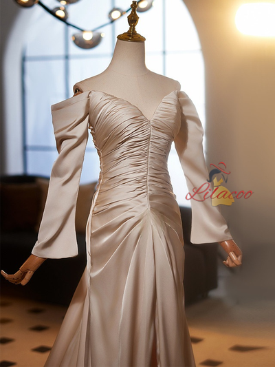 Champagne Mermaid Satin Pleats Wedding Dress