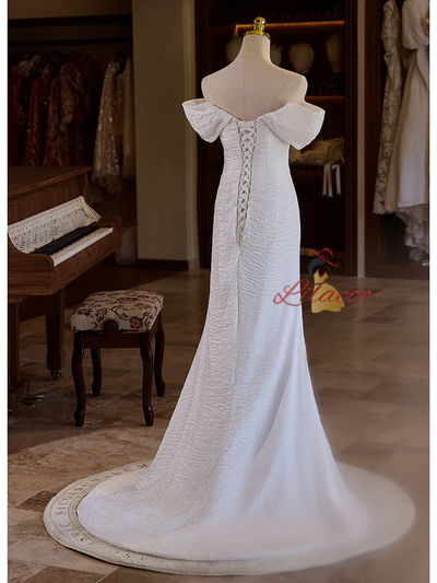 White Mermaid Pleats Split Wedding Dress