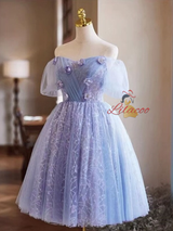 Purple Tulle Puff Sleeve Pleats Flower Homecoming Dress