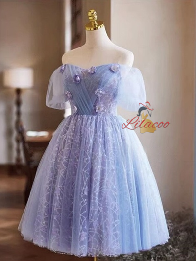 Purple Tulle Puff Sleeve Pleats Flower Homecoming Dress