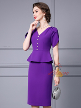 Purple V-neck Short Sleeve Mother Of The Bride Dress