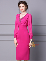 Fuchsia Long Sleeve V-neck Mother Of The Bride Dress