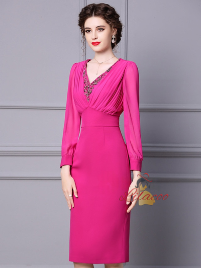 Fuchsia Long Sleeve V-neck Mother Of The Bride Dress