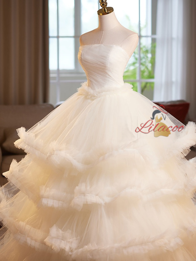 Champagne Tulle Strapless Pleats Wedding Dress