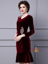 Burgundy Velvet Mother Of The Bride Dress