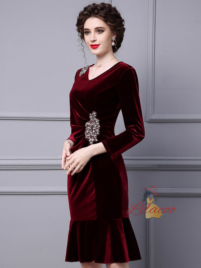 Burgundy Velvet Mother Of The Bride Dress