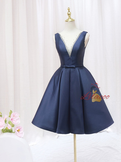 Navy Blue Satin Homecoming Dress