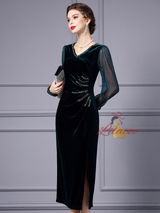 Green Velvet Pleats Beading Mother Of The Bride Dress