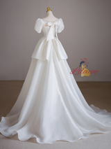 White Tulle Puff Sleeve Pleats Wedding Dress