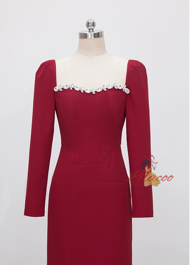 Burgundy Long Sleeve Crystal Prom Dress