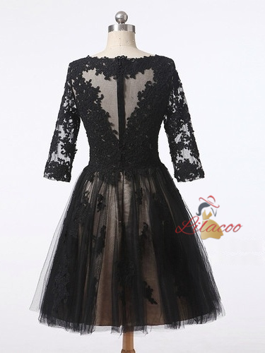 Black Tulle Lace Short Sleeve Homecoming Dress