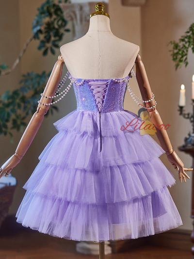 Purple Tulle Sequins Tiers Homecoming Dress