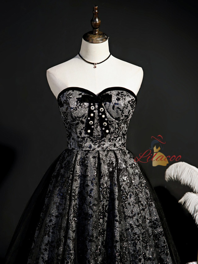 Black Sequins Tulle Strapless Homecoming Dress