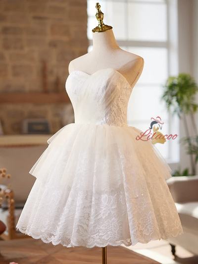 White Tulle Lace Strapless Pleats Homecoming Dress