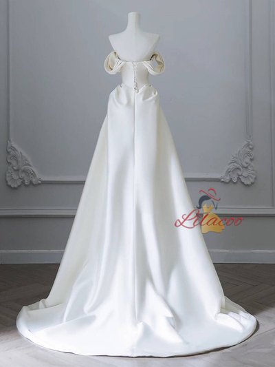 Ivory Satin Off the Shoulder Pleats Wedding Dress