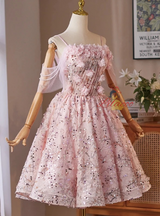 Pink Sequins Straps Flower Pleats Homecoming Dress