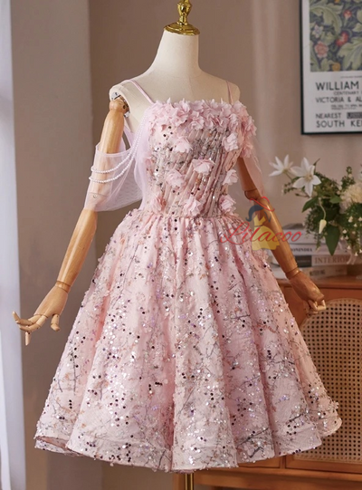Pink Sequins Straps Flower Pleats Homecoming Dress