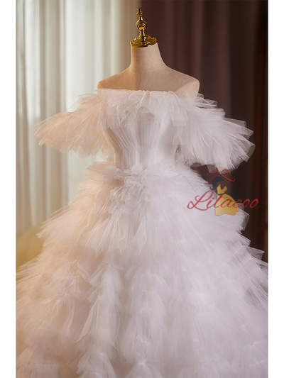 White Ball Gown Tulle Tiers Wedding Dress