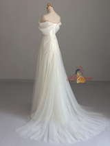 White Tulle Off the Shoulder Pleats Wedding Dress