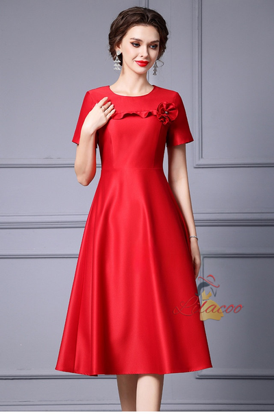 Red Satin Short Sleeve Mother Of The Bride Dress
