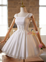 White Satin Lace Pleats Wedding Dress