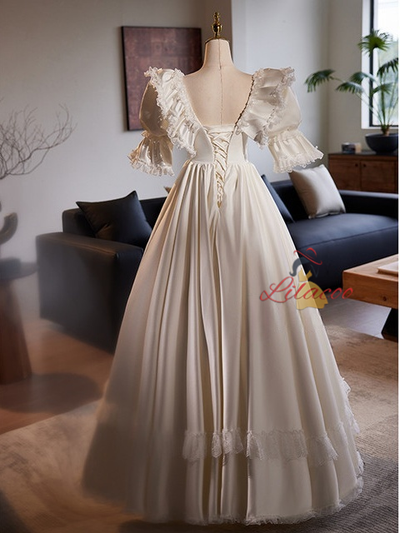 White Satin Lace Puff Sleeve Wedding Dress