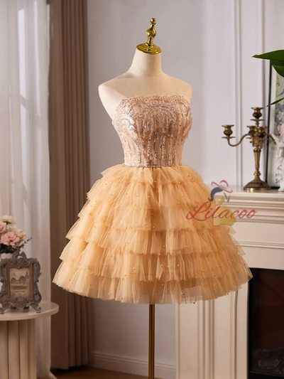 Champagne Tulle Strapless Tiers Homecoming Dress