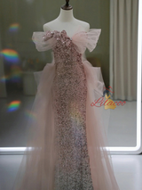 Pink Sequins Tulle Off the Shoulder Prom Dress