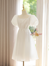 White Puff Sleeve Pleats Wedding Dress