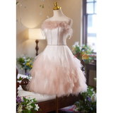 Pink Tulle Strapless Feather Homecoming Dress