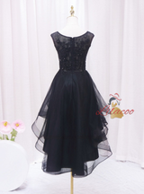 Black Tulle Appliques Beading Hi Lo Prom Dress