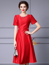 Red Short Sleeve Satin Mother Of The Bride Dress