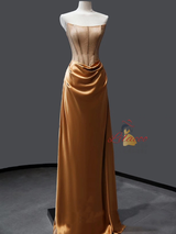 Brown Satin Strapless Pleats Prom Dress