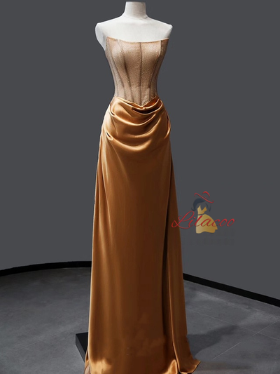 Brown Satin Strapless Pleats Prom Dress
