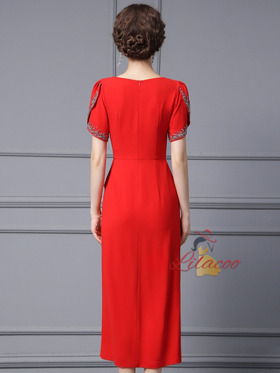 Red Short Sleeve Mother Of The Bride Dress